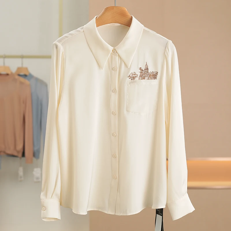 

Шелковая рубашка из весенней коллекции с вышивкой и принтом, с отложным воротником, женская, модная, прямого кроя, с длинными рукавами, комфортная посадка