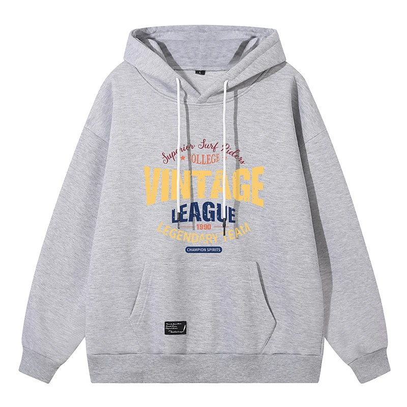 メンズ単色フード付きプルオーバー、レタープリント、ドローストリング、レタリングポケット、カジュアルスポーツパーカー、ルーズヴィンテージトップス、秋冬