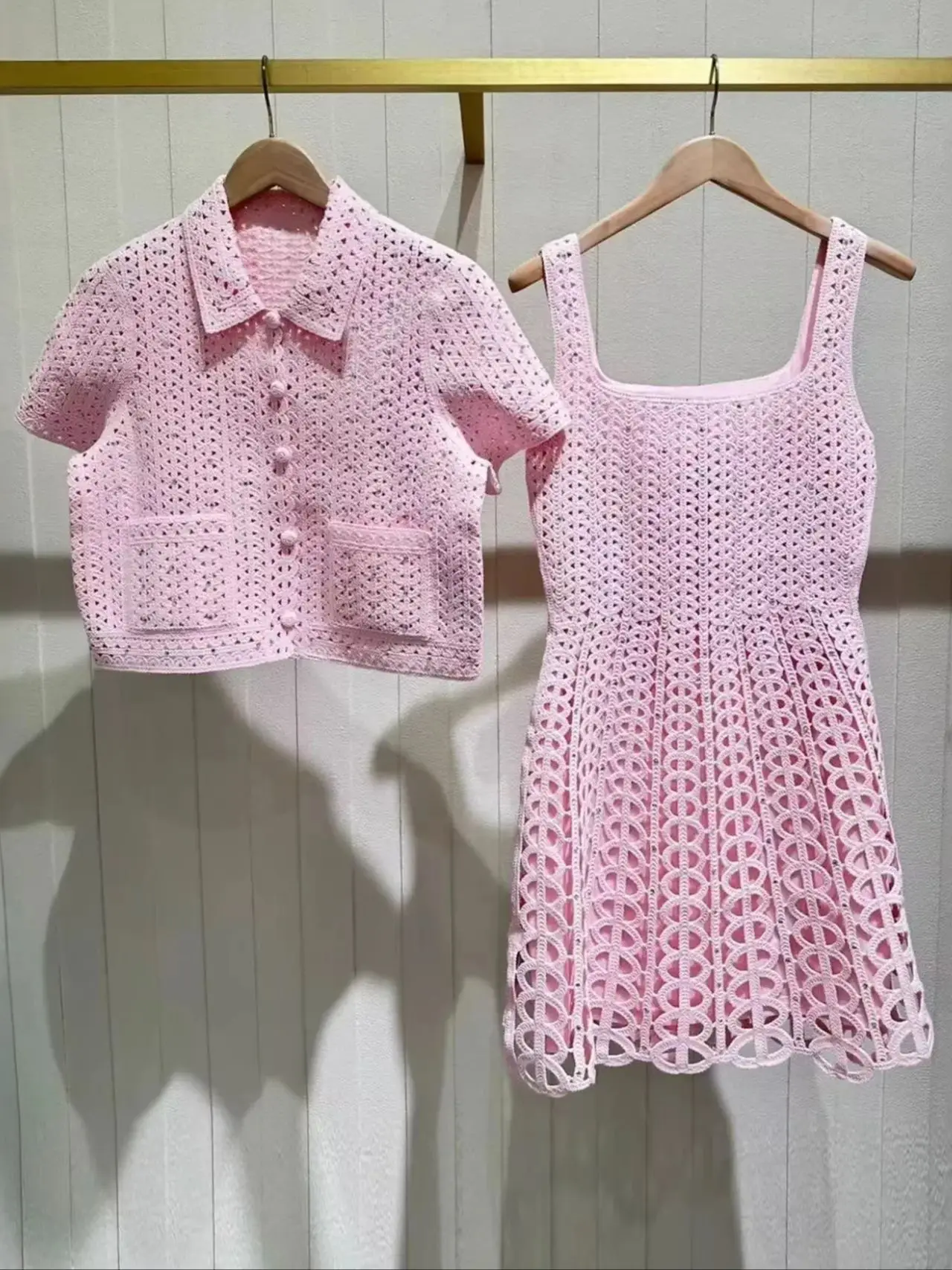 

Hollow Out Women Pink Knitted Set Diamond Decoration Short Sleeve Cardigan + Square Collar Sleeveless High Waist Mini Dress Suit