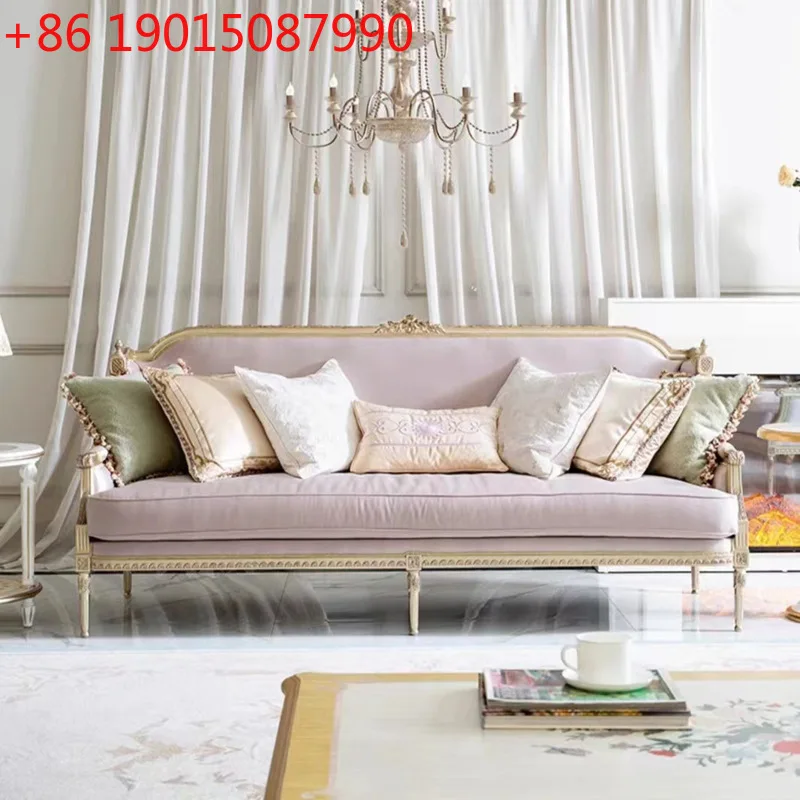 

Французский неоклассический диван из массива дерева цвета шампанского, золотой бархатный диван, вилла, резной диван на трех человек, комбинация журнального столика