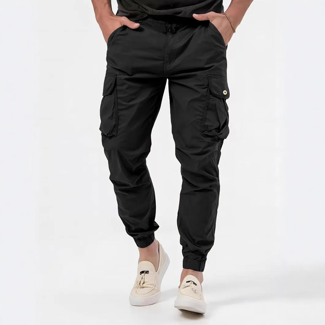 

European New Fashion Men's Solid Color Simple Basic Casual Trendy Loose Multi Pocket Outdoor Cargo Trousers Male Pants Clothes