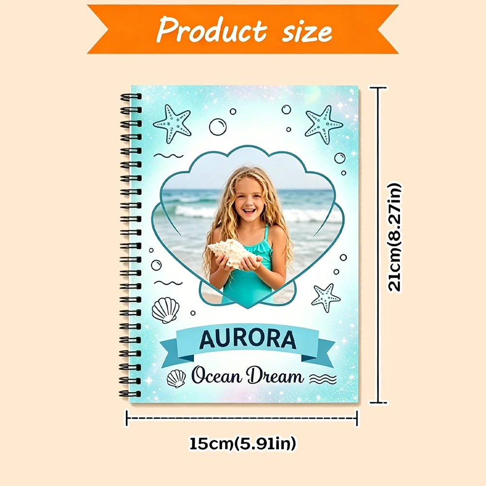 1pc Custom Photo Name Marine Spiral Notebook,Ocean Shell Heart Frame Design,Back To School Gift,Summer Holiday,Beach Trip Diary