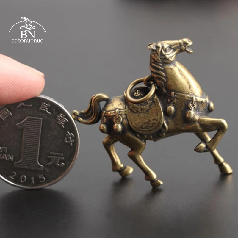 Antique Pure Copper Running War Horse Miniatures Figurines Tea Pet Table Ornament Decorations Metal Brass Steed Keyring Pendants