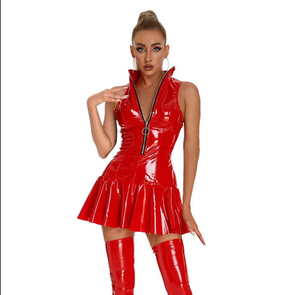 Female Red Glossy Leather Sheath Umbrella Dress Erotic Shiny Latex Bodycon Zipper Wetlook PU Pleated Dress Performance Costume