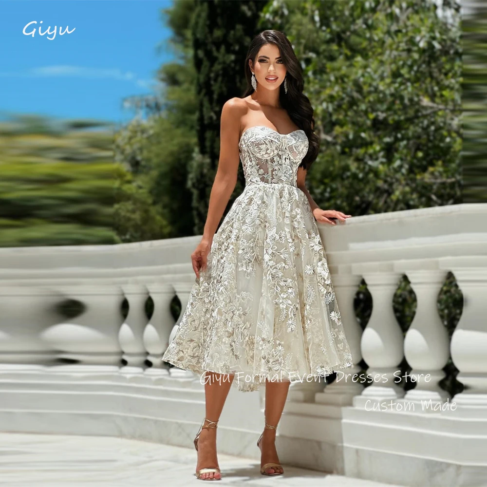 Giyu exquisite Spitze eine Linie Tee Länge Brautkleider Schatz kurze Land Garten Braut Kleid Robe de Mariage