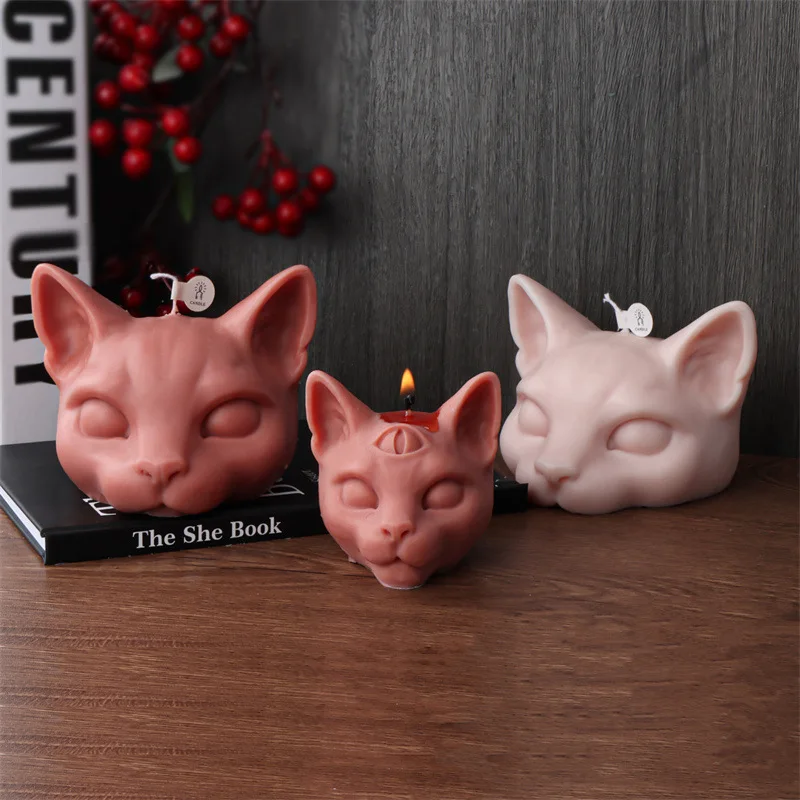 3D Three-eyes Cat Head Candle Silicone Mold Cat Plaster Epoxy Resin Molds Chocolate Cake Baking Tools Home Decor Crafts Gifts