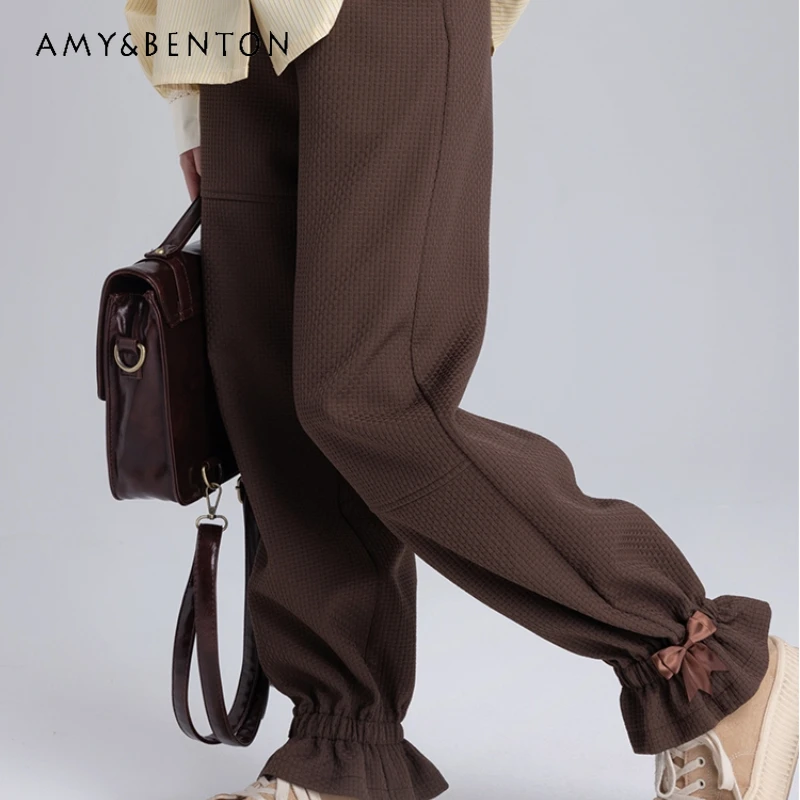 

2024 New Sweet College Style Autumn Ruffle Edge Brown Waffle Sweatpants For Women