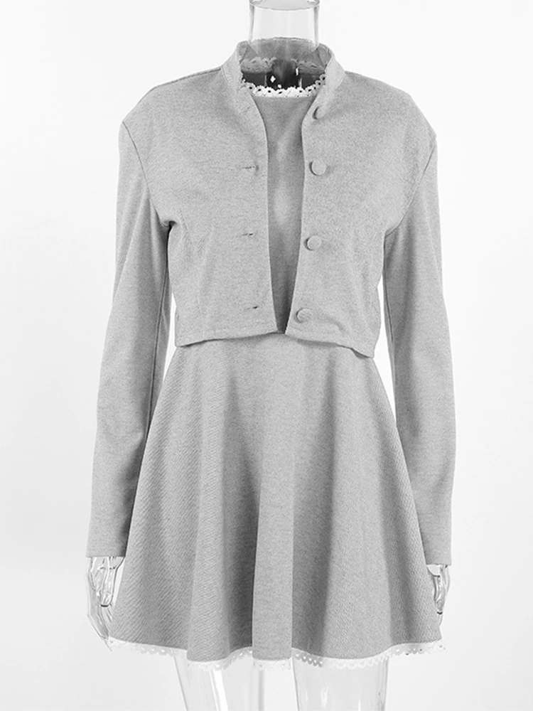 Trendix Lace Ruffle Dress 2 Piece Sets Women 2026 Spring Fashion Slim Long Sleeve Jacket Sets Party Slim Street Elegant Dresses