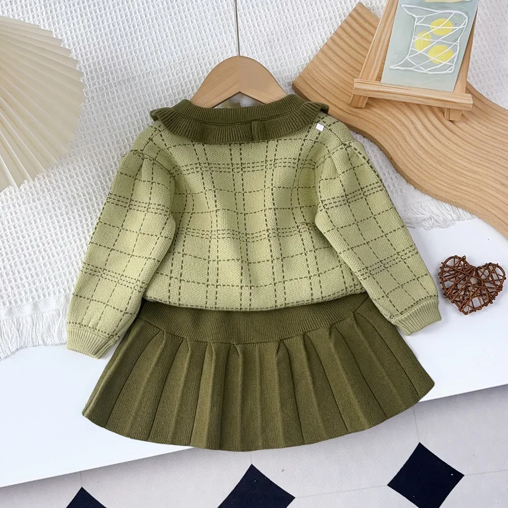 Bear Leader Winter Green Sweater Children's Sets Checkered Mushroom Edge Collar Single Breasted Cardigan+Pleated Skirt Suits