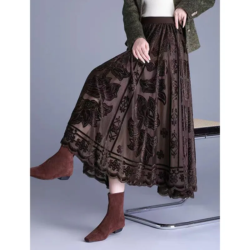 

2026 High-grade Mesh Flocking Big Swing Skirt Elastic High Waist Versatile Long Skirt Korean Loose Elegant A-Line Maxi Skirts