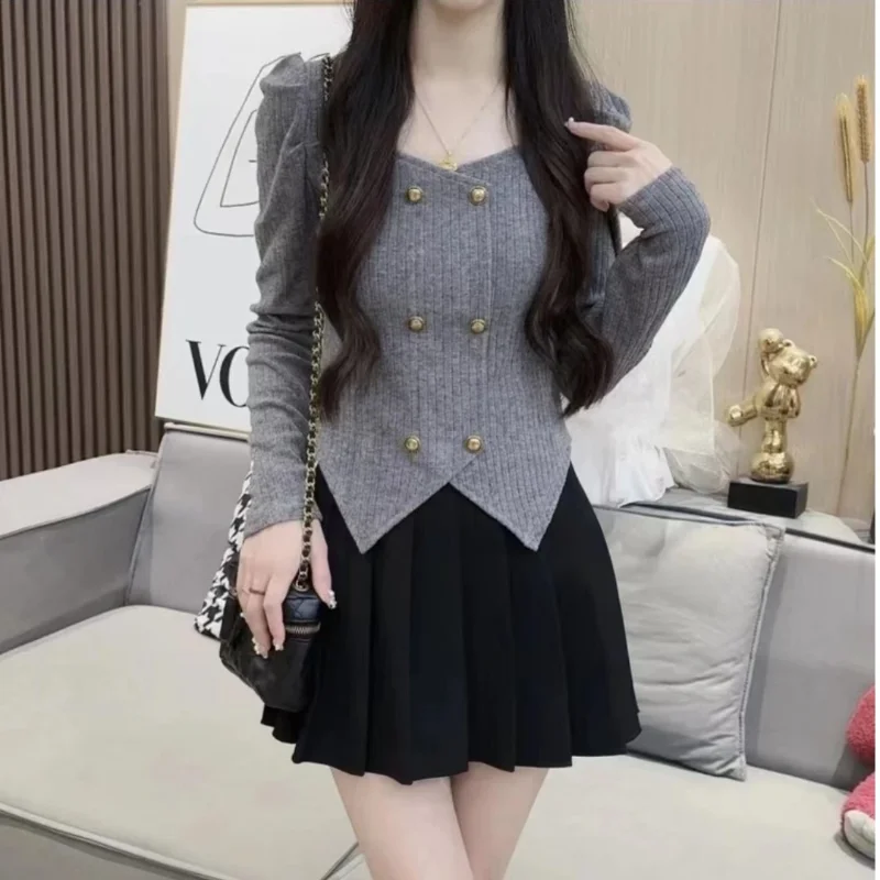 

Новинка весны 2025 года, корейская милая двубортная тонкая трикотажная рубашка с длинными рукавами, топ