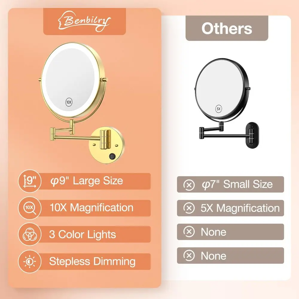 9 مرآة مكياج مضيئة على الحائط على الوجهين مع تكبير 1X/10X، ضوء 3 ألوان، تعتيم باللمس، 360 درجة ° ذراع دوار، ذهبي #5