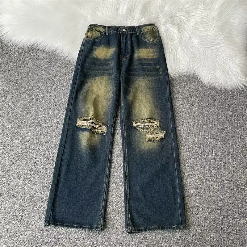 

UM Youmi retro ripped tie-dyed jeans men and women looking thin summer loose straight wide-leg high street slightly pulled trous