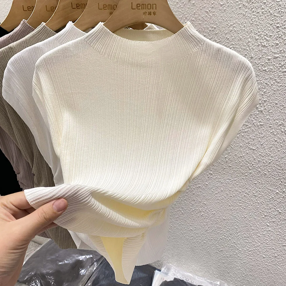 2026 Spring Summer Ice Silk Knit T-Shirt Half High Neck Waist Slimming Unique Design Slim Fit Short Sleeve Inner Tops