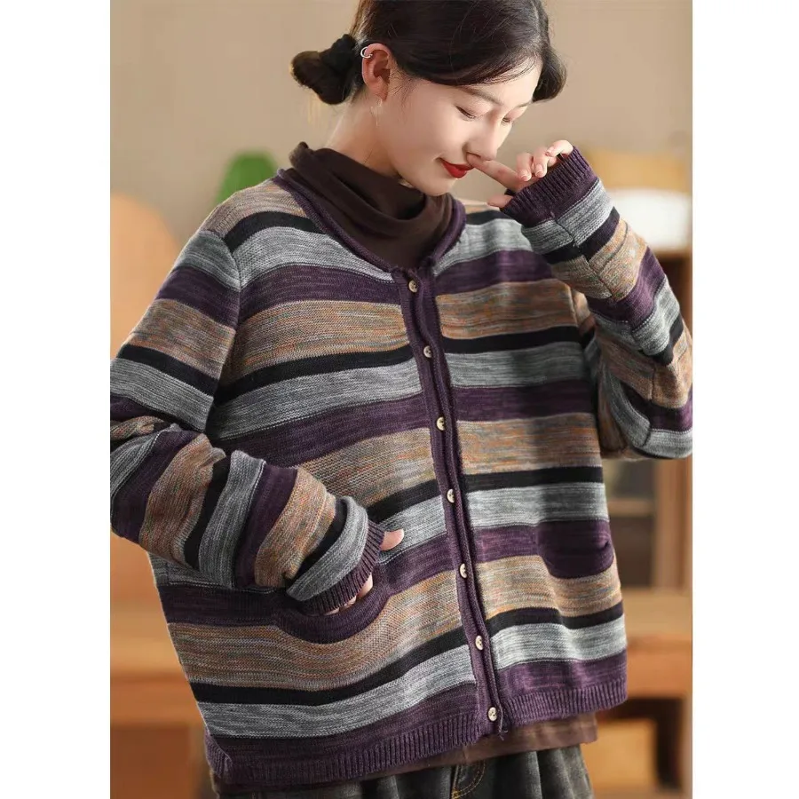 Women's Vintage Color Blo Striped Knitted Open Cardigan Long Sve Single Button Sweater Outerwear Top Spring Autumn