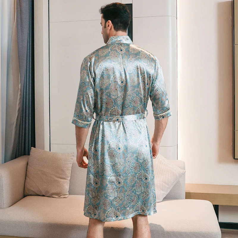 Men\'s Ice Silk Satin Half Sleeves Pajamas Sleepwear Robe Robes Bathrobe Nightgown Plus Size Spring and Autumn Short Sleeves