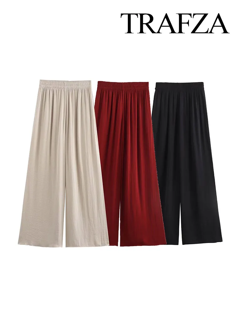 

TRAFZA Summer Women's Fashion Solid High Waist Elastic Waisted Silk Satin Trousers Female Chic Ankle-Length 3-Color Pants Mujer