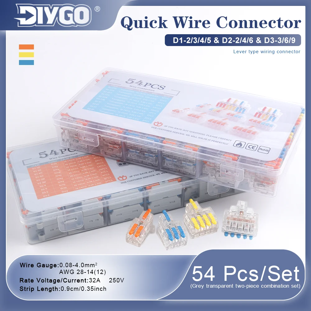 

54 Pcs Boxed Quick Push In Terminal Block D-type Compact Electrical Splitter Wire and Cable Connector For Home 28-12AWG 32A 250V