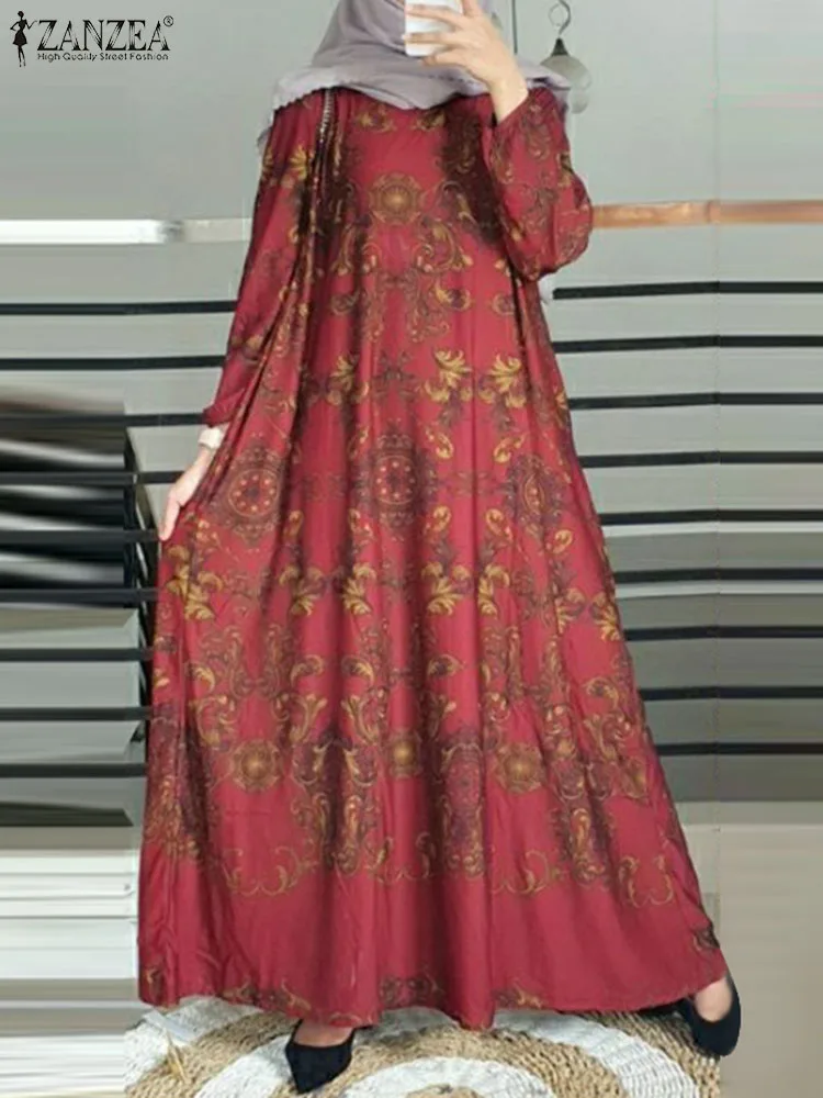 ZANZEA Woman Elegant Floral Printed Dress Long Sleeve O-Neck Muslim Dresses Vintage Party Maxi Robe Abaya Sundress Oversized