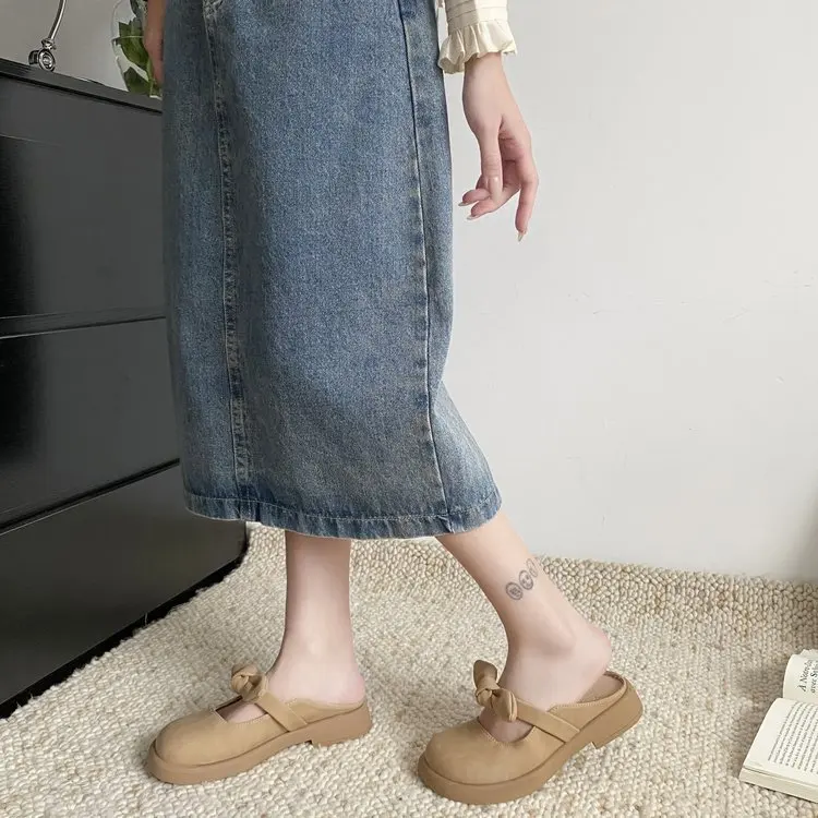 Butterfly-Knot Female Shoes Slippers Women Summer Mules Sexy Low Loafers Cover Toe Slides 2025 Flat Square Butterfly-knot Rubber