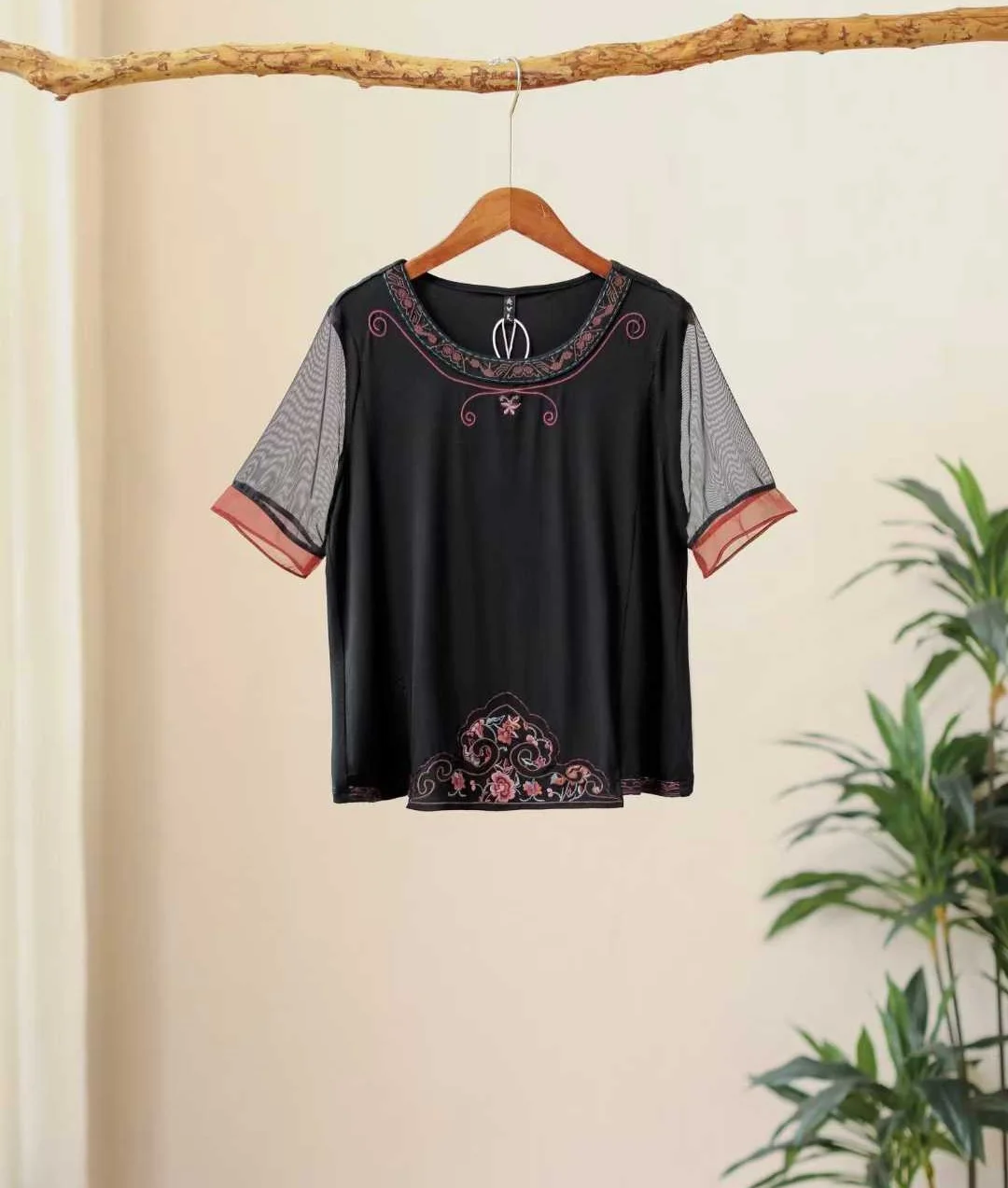 

Original high stretch t-shirt Black Bamboo fiber O-neck embroidery summer tops national style gauze Short sleeve Female clothing