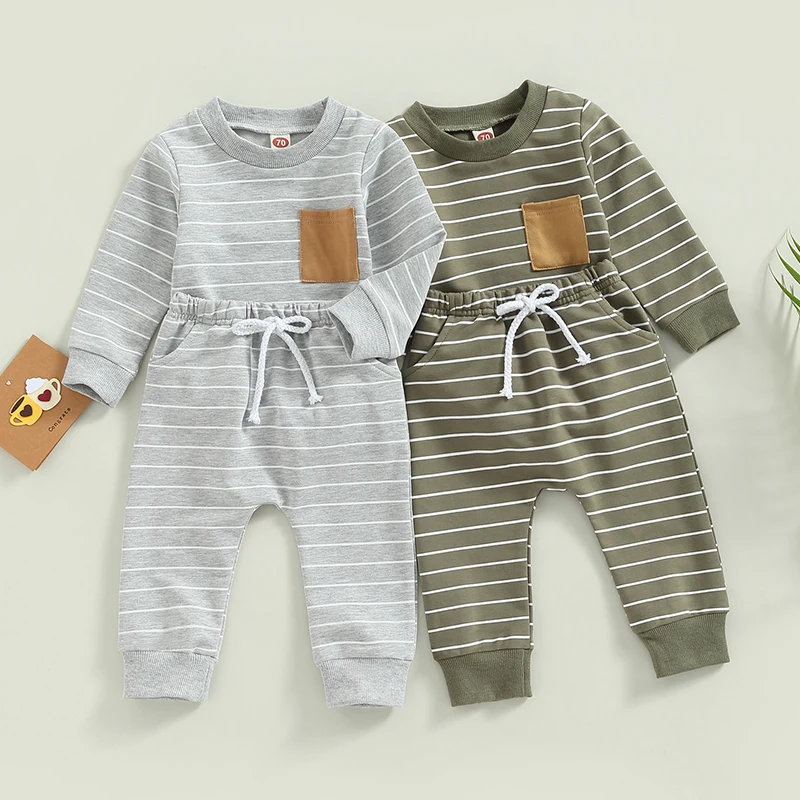 

Toddler Baby Boys Pants Set Striped Long Sleeve Crew Neck Sweatshirt with Elastic Waist Sweatpants Fall Outfit