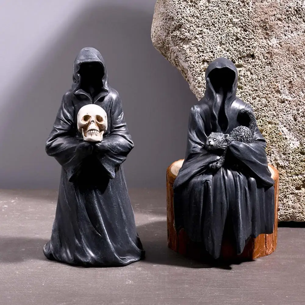 

Grim Reaper Figurine Resin Spooky Black Robe Death Ghost Statue Sculpture Desktop Decoration Ornament Festival Halloween Supply