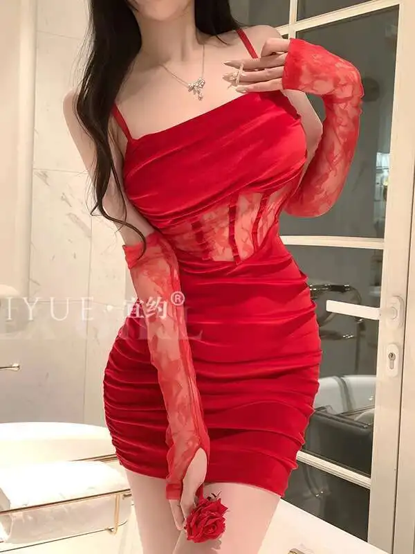 Sexy Hot Girl Nightclub Uniform Velvet Strap Bodycon Dress Elegant Women's Uniform Temptation Fashion Sweet Mini Dress MH99