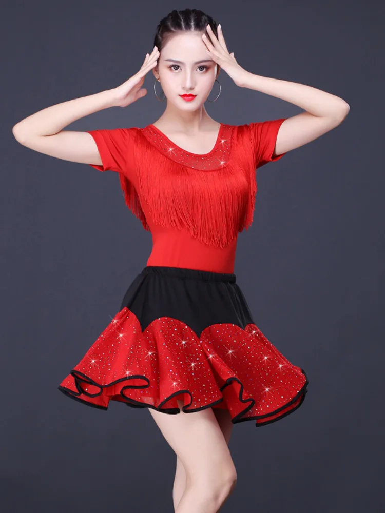 Adult Women Latin Tops And Skirt 2pcs Set Short Sleeved Stage Clothing Ballroom Samba Cha Cha Dancing Practice 2024 Summer