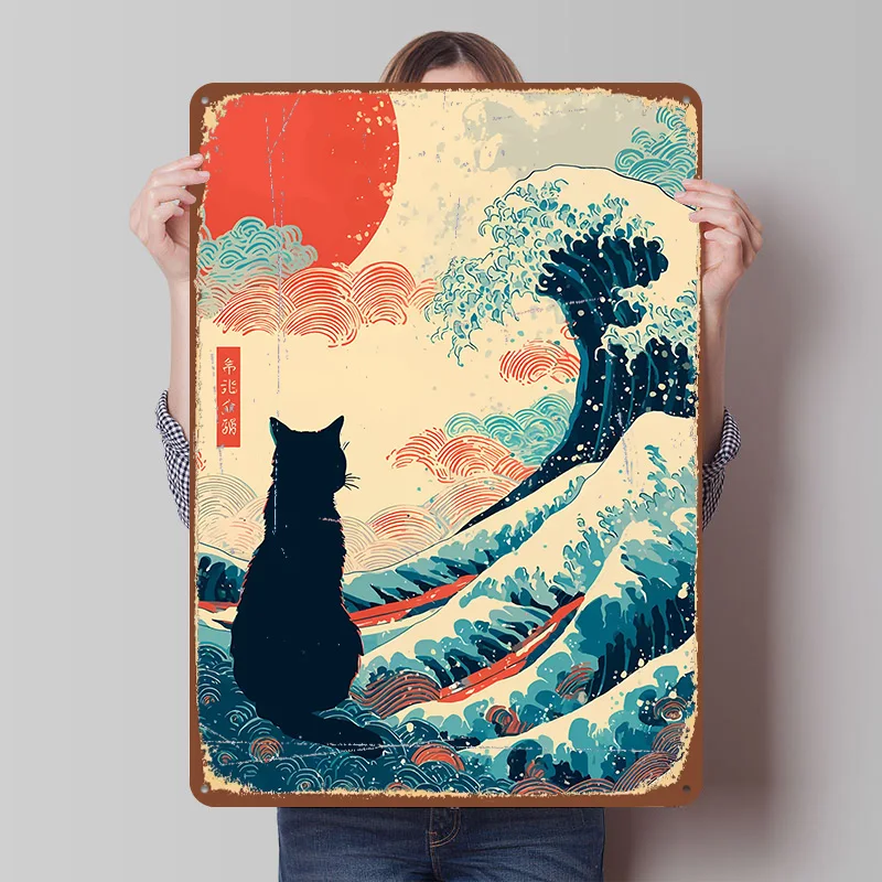 Cat and The Great Wave Gedrucktes Poster, individuelle Wandkunst, Retro-Vintage-Metallblechschilder für Heimdekoration, Raumdekoration, Hausdekoration