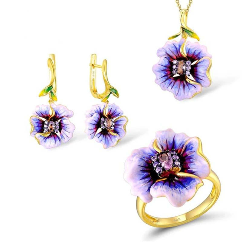 2023 Fashion 925 Sterling Silver Necklaces Jewelry Sets For Women Earrings 3 Piece Set Enamel Purple Flower Zircon Rings