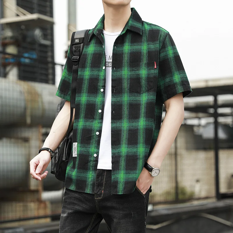 

Loose Plaid ort Sve irt for Teens Summer Youth Faion Stand Fit Iron Free Treaent Splice Design Other Fabric
