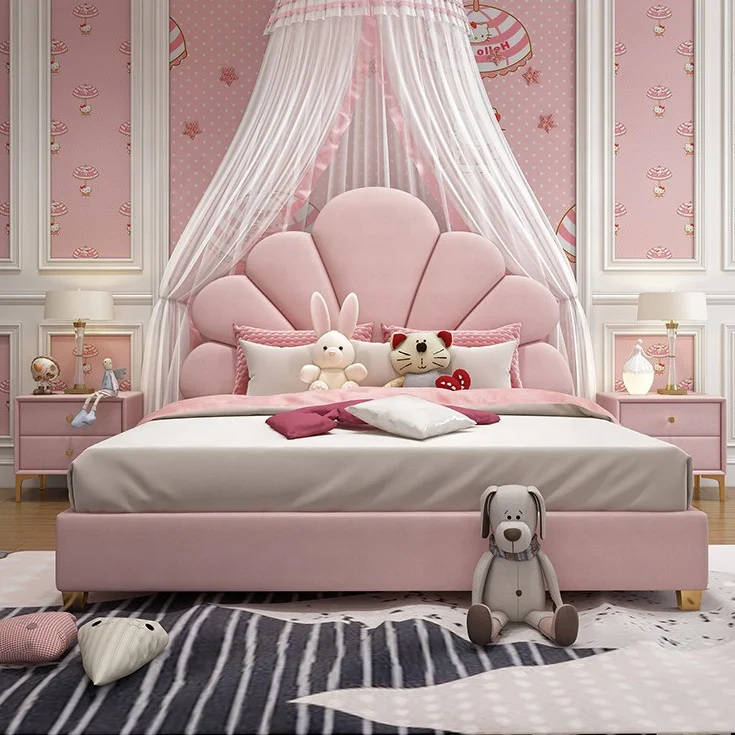 

Luxury new Upholstered Floral Headboard leather Children bed Modern Pink Velvet Girls' room Bed with gold metal leg furniture