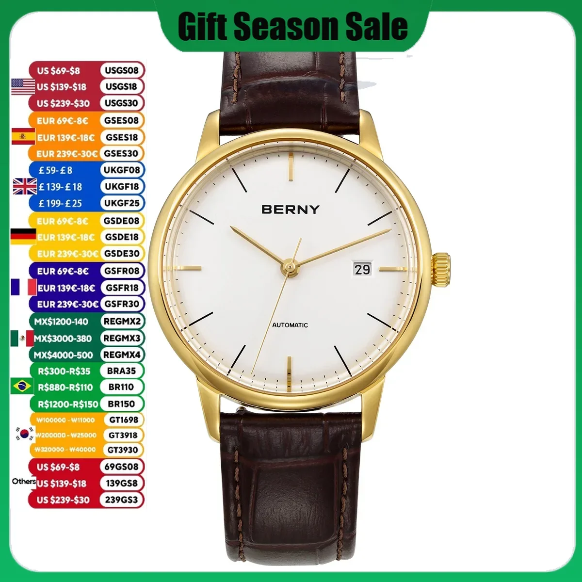 BERNY Mechnical Men Watch MIYOTA 9015 Simple Versatile Men Wristwatch Calendar Luminous Business Luxury Automatic Watch for Men