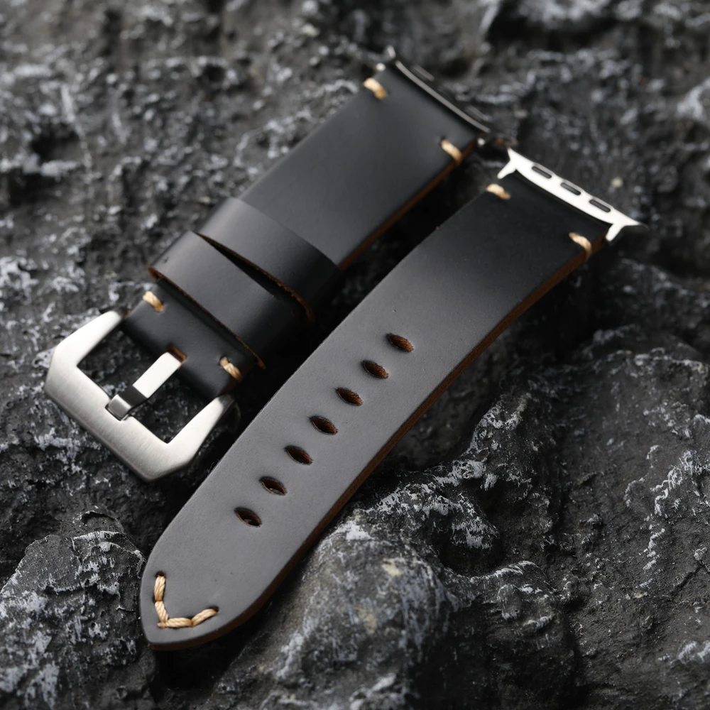 Handmade Black Genuine Leather Watchband For Iwatch Apple Watch Ultra 2 S9 S8 49mm 45mm Tough Guy Leather Thickened