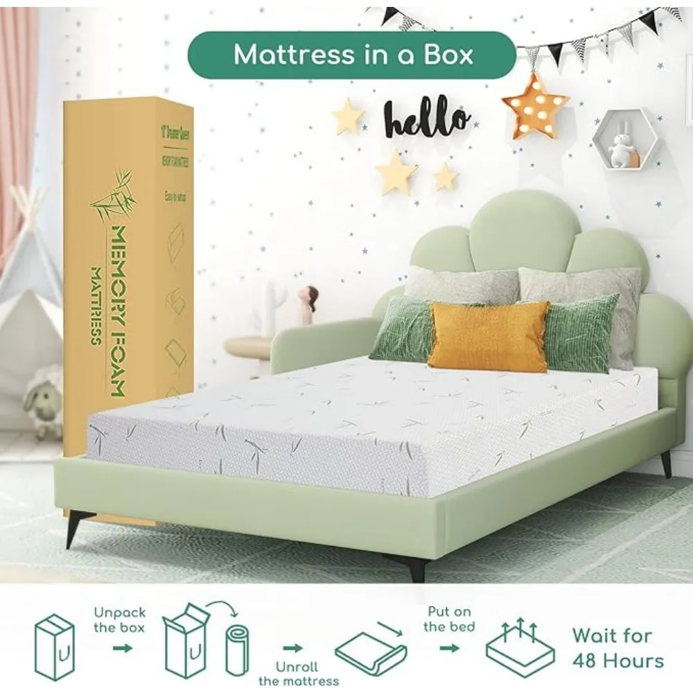 Mattress, Memory Foam Mattress in a Box for Kids with Breathable Bamboo Cover, Medium Firm Green, Trundle Bed