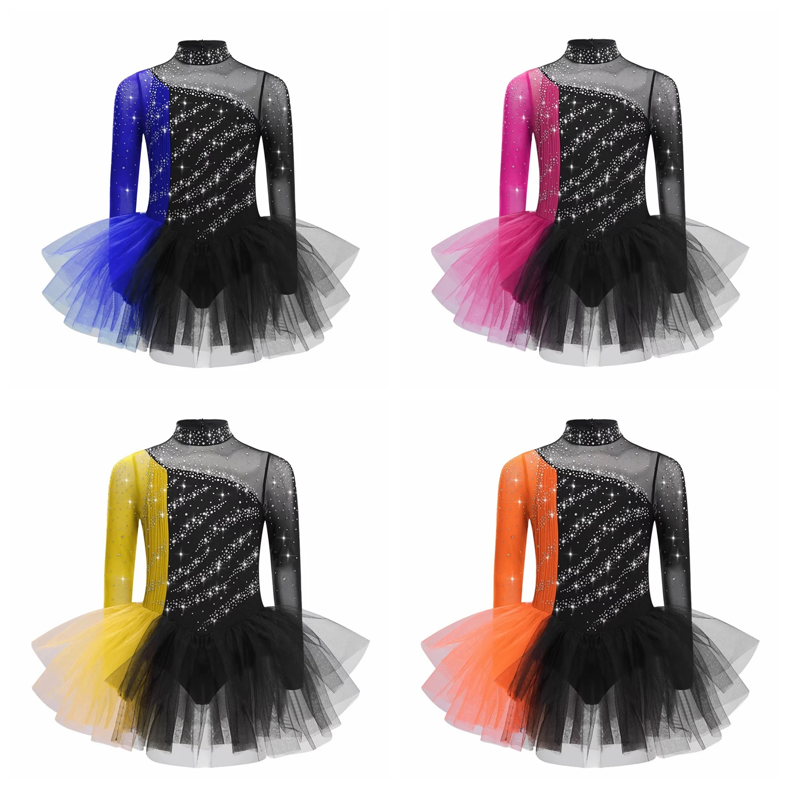 Kids Girls Long Sleeves Figure Skating Dresses Rhinestones Patchwork Ballet Tutu Dance Leotard Dress Stage Performance Costume - view 3