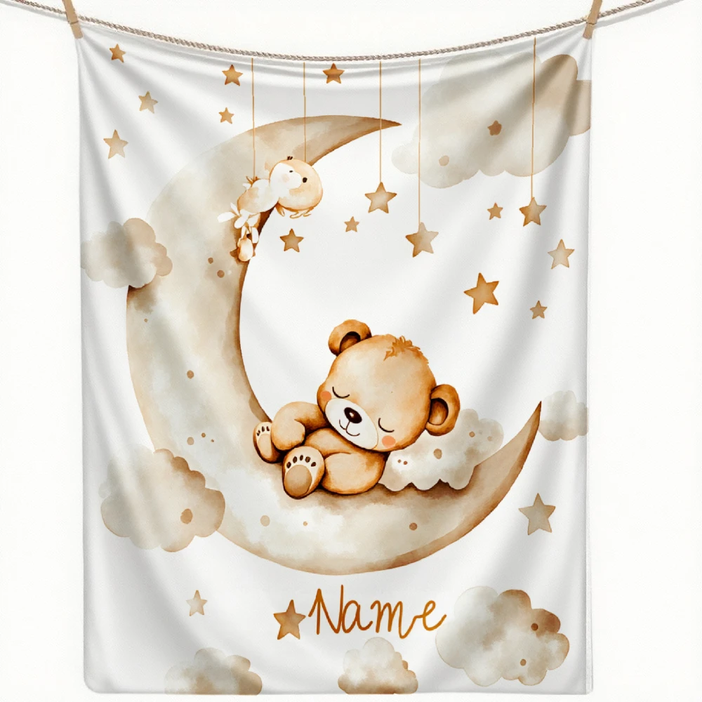 Cartoon Bear on Moon Blanket With Name Customized Flannel Blanket For Kids Boys Girls Soft Birthdays Gift Home Bed Sofa Decor