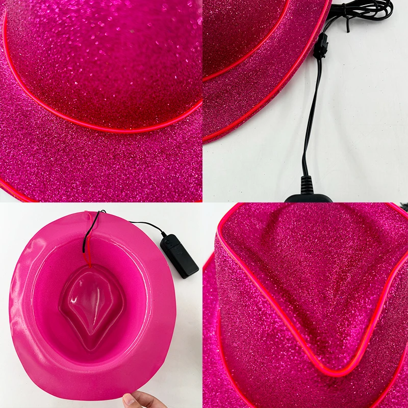 New 10pcs LED Sparkling Glitter Powder Fedora Hat Wide Brim Magician Top Hat Colorful Glowing Hiphop Cowboy Party Cap