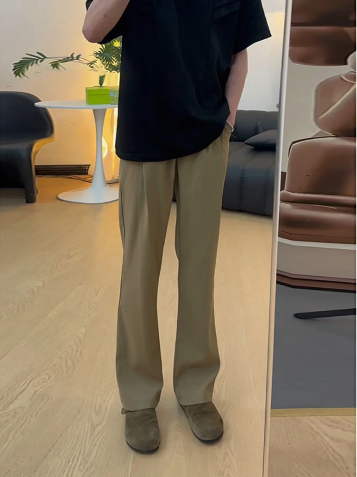 

Caramel Ice Silk Men's Summer Thin Hanging Sense Pants Teenage Straight Loose Knife Micro Flared Trousers Casual Faion