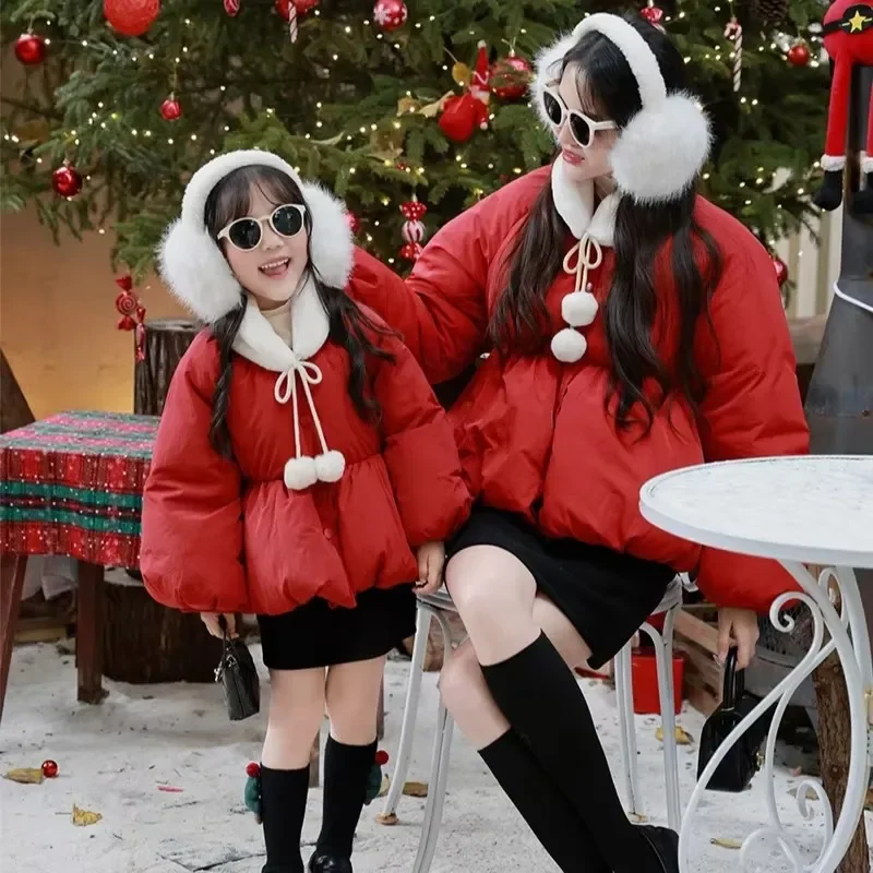 Christmas Mom and Baby Girl Same Red Coat New Year Mother Daughter Matching Quilted Jacket Mummy and Me Clothes for Parent-child