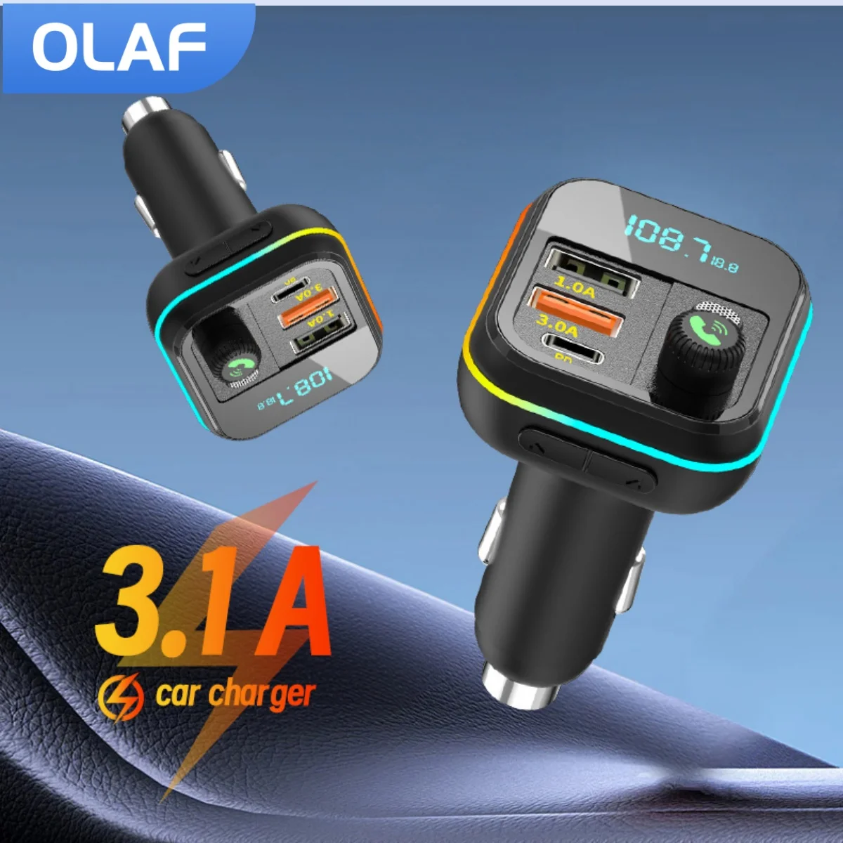 Olaf 3.1A FM transmission Bluetooth USB charging USB flash drive reading TF card reading RGB lighting effect 2USB PD Car Charger