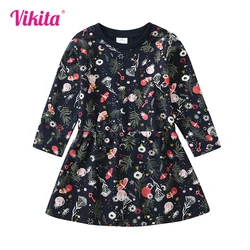 VIKITA Kids Floral Print Dress Girls Long Sleeve Autumn Spring A Line Dresses Girl Cotton Casual School Daily Dress Kids Clothes