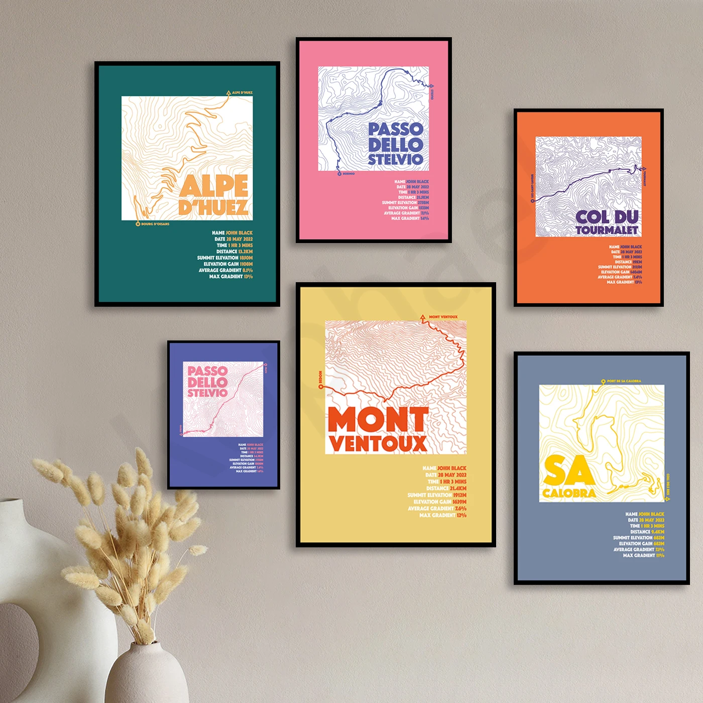Monte Ventoux. Sacalobra. Monte Tourmale. Monte Stelvio. Alpe d'Eire. Bicycle Routes Map Posters