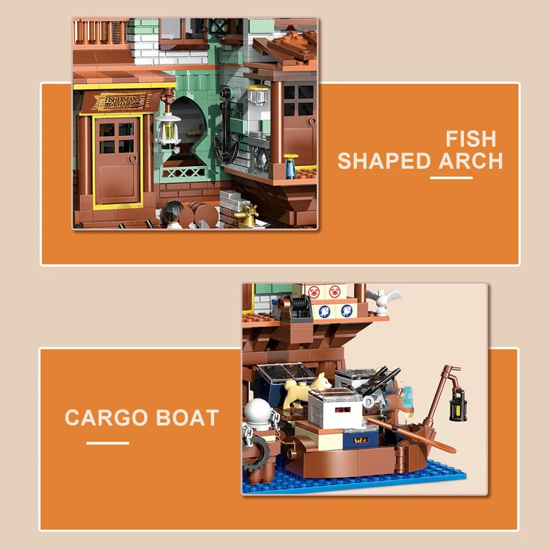 Creative Fisherman\'s Cabin Wharf Model Building Blocks Street View Old Fishing Shop Village Hut With Figures Mini Bricks Kid Toy