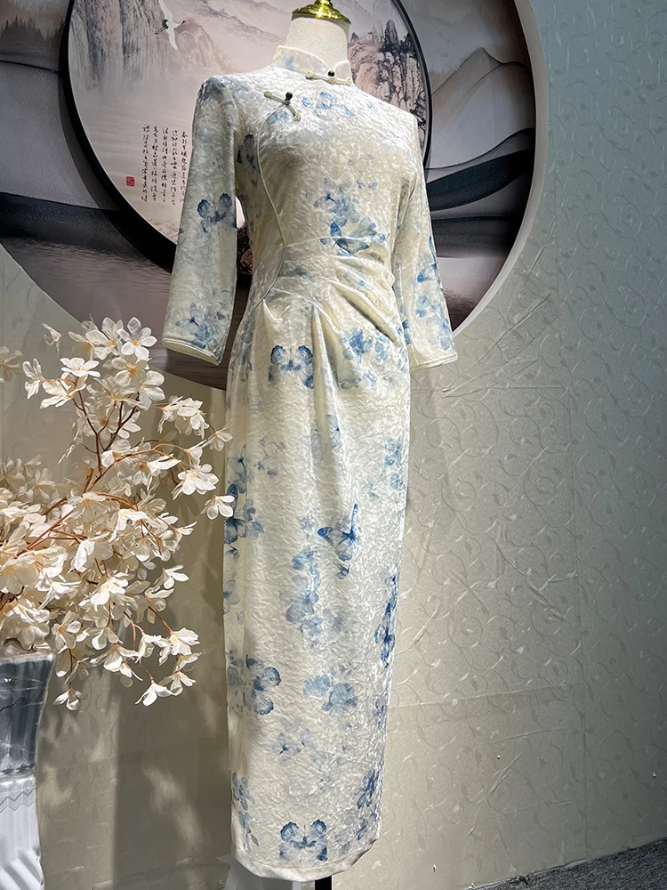 

Элегантное вельветовое платье в винтажном стиле для молодых женщин, осенняя коллекция, дышащее, с низким разрезом, рукав 3/4