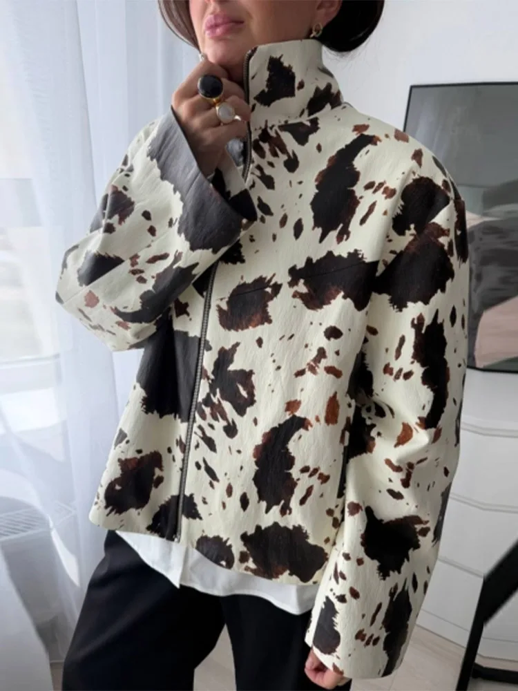 Cow Print PU Leather Stand Collar Zip Up Long Sleeve Loose Jacket Women Autumn Fashion Casual All Match Chic Coat