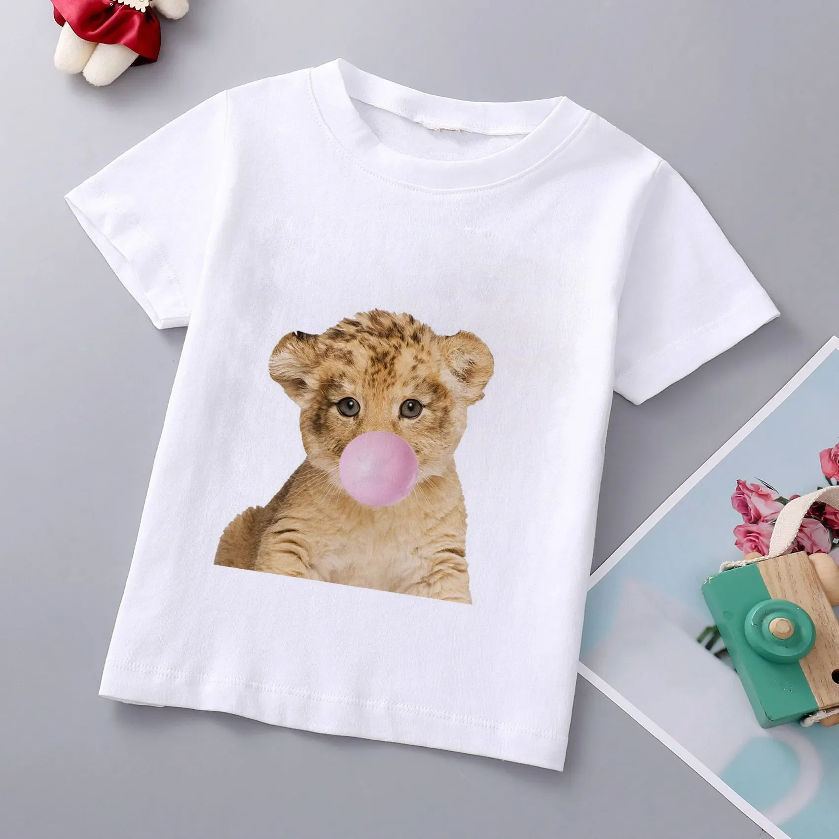 Summer 2024 Girls Clothes Cute Bubble Gum Animal Cat Pug Bulldog  Clothes T-shirts Kid Girl Boy Short Sleeve Tops Kids T-shirts