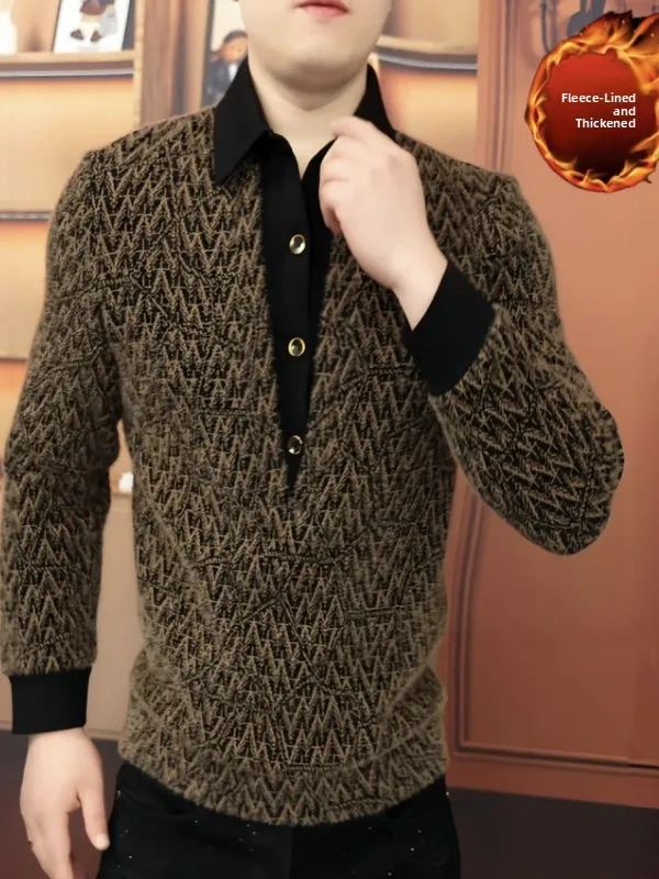 

2025 New Men's Fce Lined Thiened irt Collar Geometric Texture Long Sve Sweatirt Warm High Quali Winter Clothing