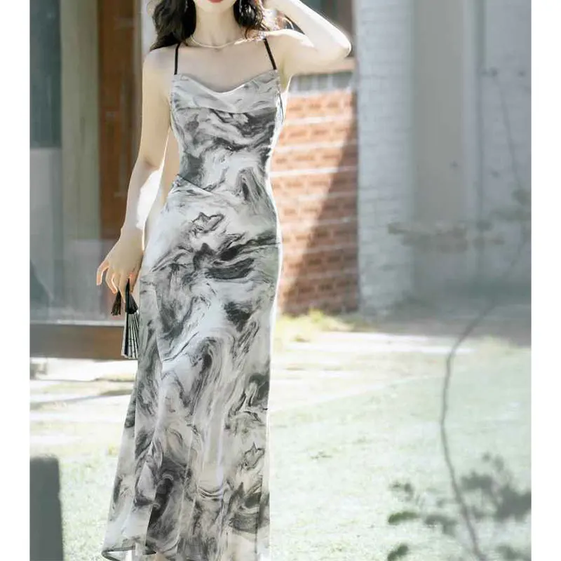Summer Elegant Fashion Harajuku Slim Fit Female Clothes Loose Casual All Match Suspender Skirt Printed Sleeveless Slip Dress